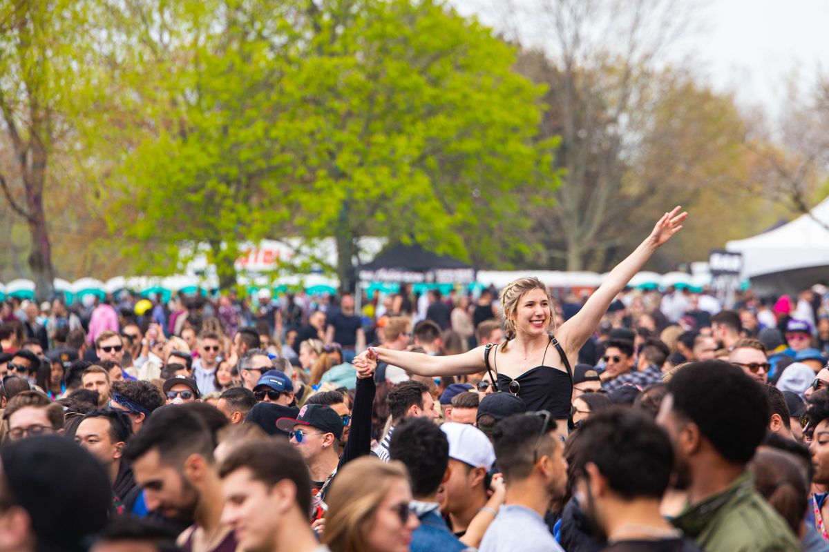 Uitgelaten publiek op een festivalterrein op een zonnige dag